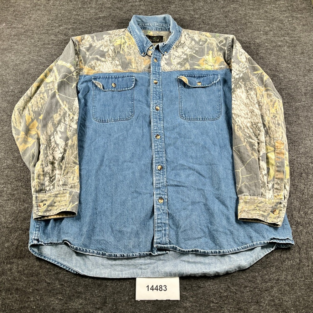 RedHead Shirt Mens 2XL Blue Denim Camotree Print Long Sleeve Outdoor Button Down